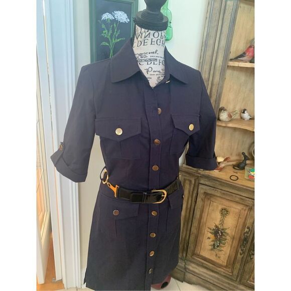 Original MILLY NY Navy Blue Retro Shirt Dress w/ Gold Chain & Leather Belt~ - Picture 12 of 12